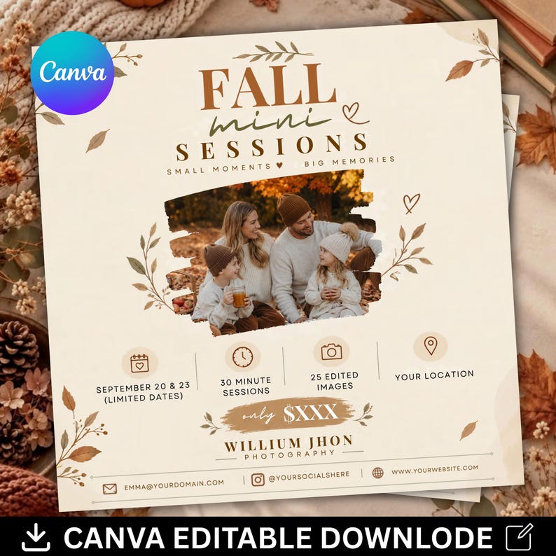 Fall Mini Session Template,Editable Photography Marketing Flyer,Autumn Photo Session,Digital Download,DIY Text