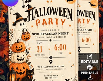 May include: A Halloween party invitation card featuring a ghost in a witch hat, a stack of three jack-o'-lanterns, and a black cat. The text reads Halloween Party, Join us for a spooktacular night of fun, food & fright, Sat 31 October, 6:00 PM.