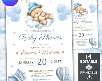 May include: A baby shower invitation template featuring a watercolor teddy bear in a blue hat sleeping on a cloud, blue balloons, stars, and a hot air balloon. Text includes "Please join us for a Baby Shower," "Emma Watson," "January 20," and "2:00 PM."