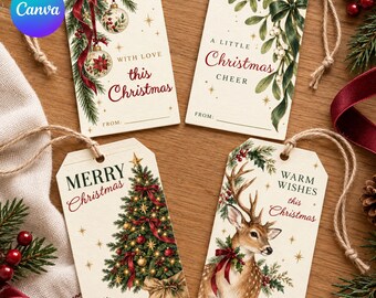 Christmas Gift Tags Printable, Editable Canva Favor Labels, Present Packaging, Scandinavian Holiday Decor,Digital Download