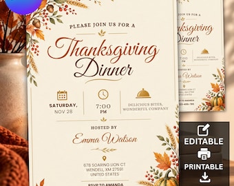 May include: A cream-colored Thanksgiving dinner invitation card featuring autumn-themed illustrations of orange leaves, red berries, wheat stalks, and acorns. The text includes "Please join us for a Thanksgiving dinner," date, time, location, and contact details.