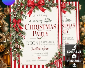 May include: A Christmas party invitation card featuring red and white vertical stripes, decorated with pine branches, pinecones, red berries, and red bows. The text reads: Join us for a merry little Christmas party, Dec 7, 7 o'clock.