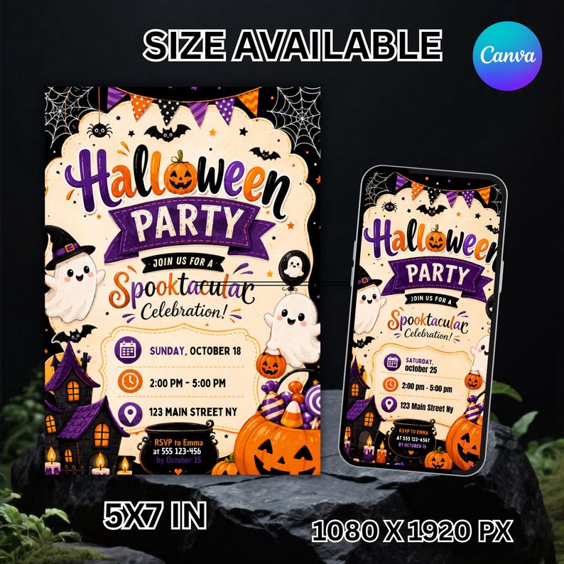 Halloween Party Invitation | Trick or Treat Halloween Invite | Ghost Pumpkin Party | Editable Canva Invitation | DIY Halloween Template