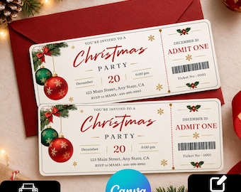 May include: Two rectangular Christmas party invitation tickets with red and green ornaments, gold snowflakes, and text reading You're Invited to a Christmas Party, December 20, 6:00 pm, Admit One, and Ticket No: 0001, resting on a dark red envelope.