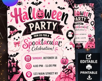 May include: A pink and black Halloween party invitation featuring cartoon ghosts, a jack-o'-lantern, a haunted house, and bats. The text reads Halloween Party, Join us for a Spooktacular Celebration, Sunday, October 18, 4:00 PM - 11:00 PM, 123 Main Street NY.