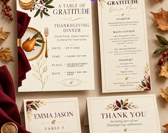 May include: A Thanksgiving dinner stationery set featuring an invitation, menu, place card, and thank you card. The cream-colored paper displays maroon text, gold accents, and illustrations of autumn leaves, a pear, and a candle.