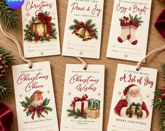 Christmas Gift Tags, Editable Canva Favor Labels, Printable Holiday Stickers, Digital Download