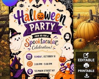 Halloween Party Invitation | Trick or Treat Halloween Invite | Ghost Pumpkin Party | Editable Canva Invitation | DIY Halloween Template