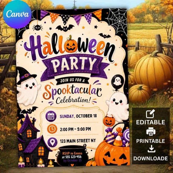 Halloween Party Invitation | Trick or Treat Halloween Invite | Ghost Pumpkin Party | Editable Canva Invitation | DIY Halloween Template