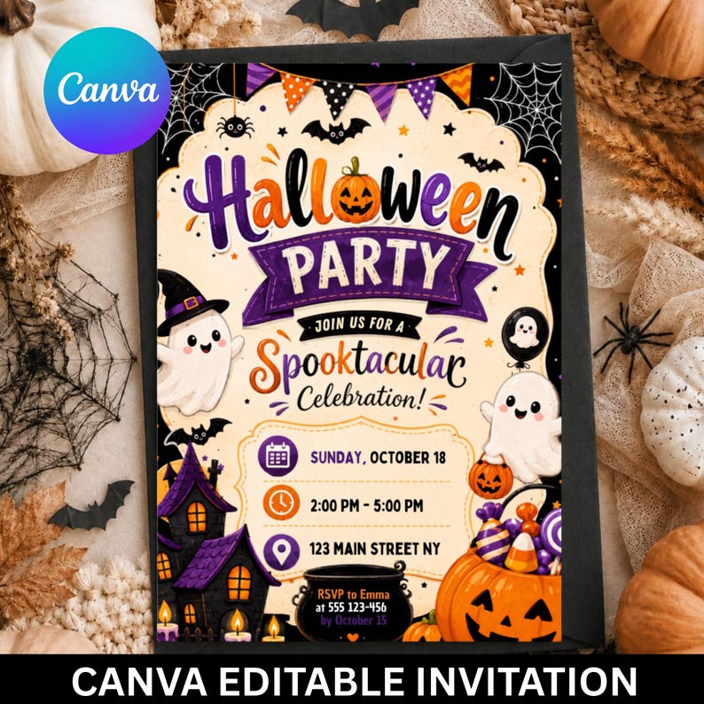 Halloween Party Invitation | Trick or Treat Halloween Invite | Ghost Pumpkin Party | Editable Canva Invitation | DIY Halloween Template