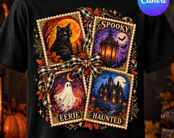May include: A black t-shirt featuring a graphic print of four rectangular postage stamp designs arranged in a grid. The stamps depict a black cat, a glowing lantern, a ghost, and a haunted house, all tied together with a black and white plaid bow.