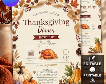 May include: A Thanksgiving dinner invitation card featuring a roasted turkey illustration, pumpkins, autumn leaves, and acorns. The text includes 'Please join us for a Thanksgiving dinner', 'Hosted by Jhon Ibram', date, time, location, and RSVP details.