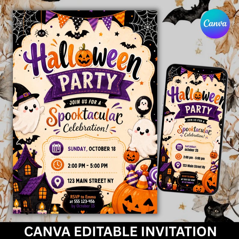 Halloween Party Invitation | Trick or Treat Halloween Invite | Ghost Pumpkin Party | Editable Canva Invitation | DIY Halloween Template