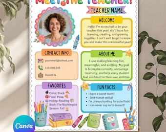 May include: A Meet the Teacher flyer template featuring a colorful scalloped border, a circular photo frame, and sections for contact info, favorites, and fun facts. The design includes illustrations of books, crayons, and a pencil holder with text.