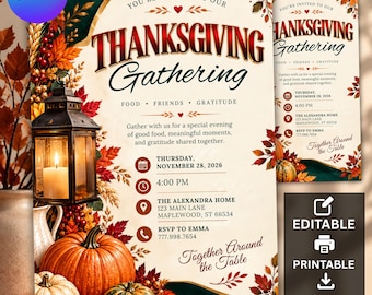 May include: A Thanksgiving invitation flyer featuring a lit lantern, pumpkins, and autumn leaves. Text includes: YOU'RE INVITED TO OUR THANKSGIVING GATHERING, FOOD, FRIENDS, GRATITUDE, THURSDAY, NOVEMBER 28, 2026, 4:00 PM, THE ALEXANDRA HOME, 123 MAIN LANE, MAPLEWOOD, ST 66534, RSVP TO EMMA 777.998.7654, TOGETHER AROUND THE TABLE.