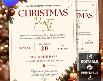 May include: A cream-colored Christmas party invitation card featuring dark red and gold text. The design includes pine branches, red berries, and gold ornaments. Text includes: You are cordially invited to our Christmas Party, Sunday December 20 at 6:00 PM, The White Hall, 123 Main Street Cityname, NY.