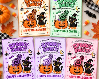 May include: Five rectangular Halloween cards featuring the text A LITTLE HALLOWEEN MAGIC, SPOOKY SWEET, A tiny treat just for you, and HAPPY HALLOWEEN. Each card displays a cartoon ghost in a pumpkin and a black cat wearing a witch hat.