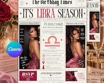Libra Birthday Newspaper Template,Editable Canva Birthday Invitation,Custom Party Itinerary,Digital Download