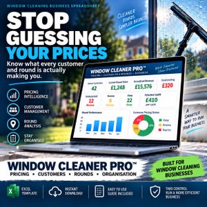 May include: A laptop displaying the Window Cleaner Pro spreadsheet software with data charts, pricing metrics, and customer management tools. The screen shows financial figures in pounds, including annualised revenue and outstanding balances.