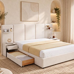 May include: A cream-colored upholstered bed frame featuring a tall, paneled headboard with integrated side shelves, two attached nightstands with drawers, and a large pull-out storage drawer at the base containing folded textiles.