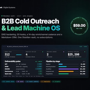 Könnte beinhalten: Ein digitales Dashboard-Interface mit dem Titel B2B Cold Outreach & Lead Machine OS von VexyVault. Die dunkel gestaltete Benutzeroberfläche zeigt Metriken wie Sendungen, Antworten, gebuchte Meetings, Pipeline-Wert, Zustellbarkeit und Phasen.