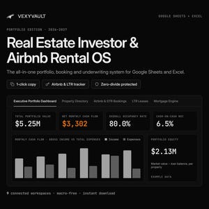 Puede incluir: Una interfaz de panel digital titulada VexyVault Real Estate Investor & Airbnb Rental OS para Google Sheets y Excel. Muestra métricas financieras como el valor total de la cartera, el flujo de caja mensual neto y la tasa de ocupación.
