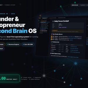 Könnte beinhalten: Eine digitale Produktoberfläche mit dem Titel Founder & Solopreneur Second Brain OS für Obsidian. Der dunkel gestaltete Bildschirm zeigt ein Daily Focus Cockpit, ein Zeitblockraster und ein Netzwerkgrafik. Der Text umfasst Founder Cockpit, Revenue Engines, Zero-DB CRM und AI Prompt Vault.