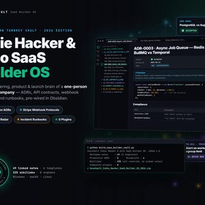 May include: A dark-themed digital product interface titled VexyVault SaaS Builder OS 2026 Edition. It displays software engineering documentation, code snippets, and project management metrics including 49 linked notes, 335 wikilinks, and 6 templates for Windows, macOS, and Linux.