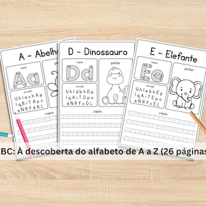 May include: Three educational worksheets for children featuring the letters A, D, and E with black and white illustrations of a bee, a dinosaur, and an elephant. Each page includes tracing exercises, letter identification tasks, and coloring sections.