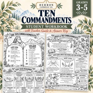 May include: A Ten Commandments student workbook for grades 3-5 by Herron Catholic Co. The cover features black and white illustrations of mountains, foliage, and religious figures, with text detailing lessons on God's law, Jesus, and moral teachings.