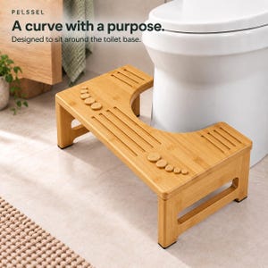 May include: A light brown bamboo toilet stool with a curved cutout designed to fit around a toilet base. The top surface features textured grooves and circular foot massage nodes. Text reads: PELSSEL A curve with a purpose.