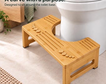 May include: A light brown bamboo toilet stool with a curved cutout designed to fit around a toilet base. The top surface features textured grooves and circular foot massage nodes. Text reads: PELSSEL A curve with a purpose.