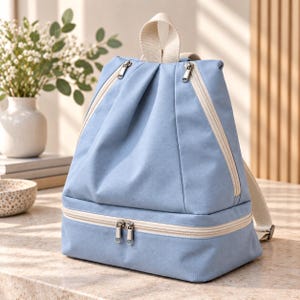 Puede incluir: Una mochila de color azul claro con un diseño estructurado, asa superior y correas de tela beige. La bolsa incluye dos compartimentos frontales con cremallera diagonal y un compartimento base horizontal con cremallera y herrajes plateados.