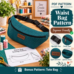 May include: A teal waist bag with a herringbone pattern and a black zipper. The bag features a brown rectangular label with the text MIKBS. A paper sewing pattern shows dimensions of 32 cm by 14 cm by 8 cm. Includes an adjustable strap.