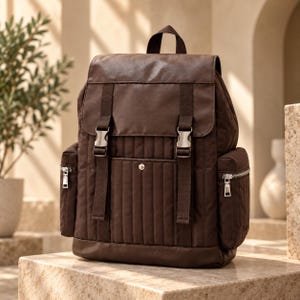 May include: A dark brown backpack featuring a quilted front panel, a top flap with two adjustable straps, and silver-toned metal buckles. The bag includes two side pockets with silver zips and a central front pocket secured by a small metal snap button.