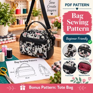 May include: A bag sewing pattern featuring a black and white French bulldog print, a black handle, and a detachable strap. The pattern includes a diagram with dimensions of 25 cm by 18 cm by 10 cm, a smooth zipper, and a pink interior.
