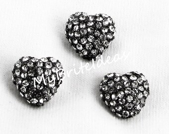 12mm Alloy Heart Gunmetal with Clear Rhinestones - Beads Jewelry Supplies Crafting Supplies Jewelry Making