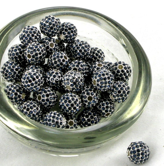 Excellent quality - (5) 10MM Montana Blue Rhinestone with Silver Alloy Metal Pave Beads Jewelry and Craft supplies Jewelry Making