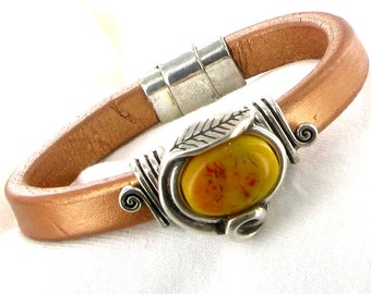 Regaliz Leather Bracelet Pearlized Copper with Silvertone Mustard Resin Pendant