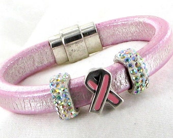 Regaliz Leather Bracelet Breast Cancer Awareness - Pearlized Pink