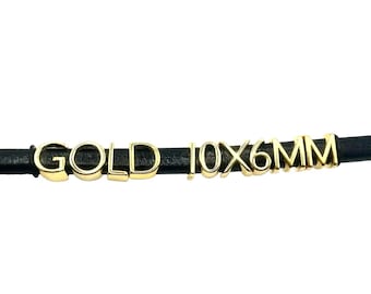 GOLD 10x6mm LETTER Sliders - fits 10mmx6mm Regaliz Leather Gold Jewelry Supplies and Beads and Craft supplies