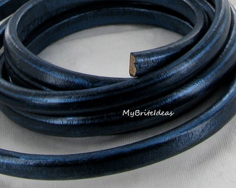 10x6mm 8 inches Regaliz Leather Oval 10X6mm SILVERY DARK BLUE (metallic) - Beads Jewelry Supplies Crafting Supplies Jewelry Making