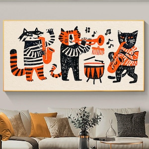 Wydruk na płótnie z motywem retro zespołu jazzowego z kotem, dekoracja pokoju dziecięcego, fantazyjna grafika ścienna z motywem zwierząt, wydruk z połowy XX wieku do pokoju zabaw dla dzieci naciągnięty na rozciągniętą tkaninę