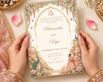May include: A rectangular wedding invitation card featuring an arched frame, floral borders, peacocks, and a couple illustration. The text reads: With the divine blessings of our families we cordially invite you to celebrate the wedding of Himanshu and Priya, September 24th 2026 at 8 PM, 123 Anywhere St., Any City, St. 12345, RSVP: +12 34567 890.