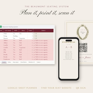 Puede incluir: El sistema de asientos Beaumont incluye una hoja de cálculo digital con nombres de invitados, opciones de comida y mesas, un teléfono inteligente con un sitio web de asientos y un letrero con un código QR y una corona floral.