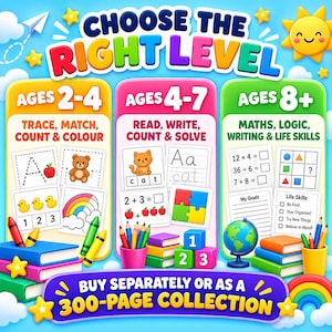 May include: Educational activity chart titled CHOOSE THE RIGHT LEVEL with three sections for ages 2-4, 4-7, and 8+. Features colorful illustrations of books, crayons, math problems, letters, and a globe. Text includes BUY SEPARATELY OR AS A 300-PAGE COLLECTION.