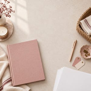 Op de afbeelding: Een notitieboek met een linnen kaft in oudroze, een gouden balpen, een klein geschulpt schaaltje met gouden paperclips, twee rechthoekige papieren labels, een stapel wit papier, een gevlochten mand met een doek en een kaars in glas.