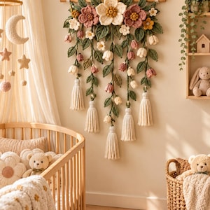 Crochet Flower Wall Hanging Pattern PDF, Botanical Floral Vine Decor, Boho Crochet Home Decor