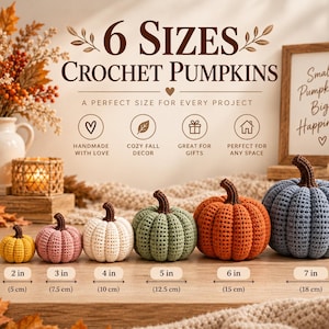 Può includere: Sei zucche all'uncinetto in giallo, rosa, bianco, verde, arancione e blu, ognuna con un gambo marrone. Il testo indica dimensioni da 5 cm a 18 cm. L'immagine include il testo 6 SIZES CROCHET PUMPKINS e Small Pumpkins Big Happiness.