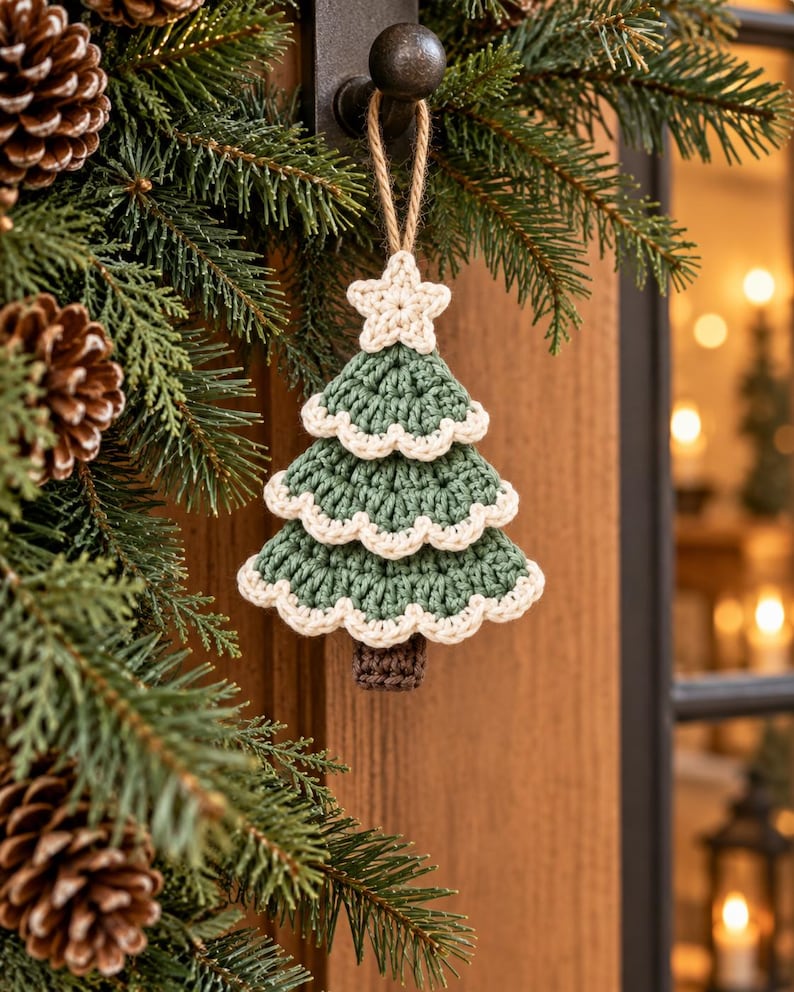 Crochet Christmas tree ornament used as a festive napkin decoration on a neutral holiday table setting with pine greenery and warm Christmas lights.

Handmade sage green crochet Christmas tree ornament hanging from a wooden door knob beside evergreen garland and pinecones in a cozy holiday entryway.

Three layered crochet Christmas tree ornaments hanging from a natural branch near a bright window with soft Scandinavian Christmas home decor.